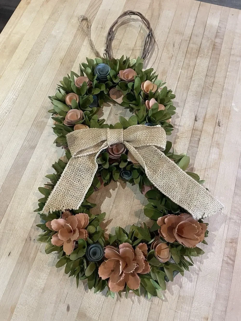 Handmade Wood Shaving Pink & Blue Floral Wreath Decor Art Farmhouse Cottagecore